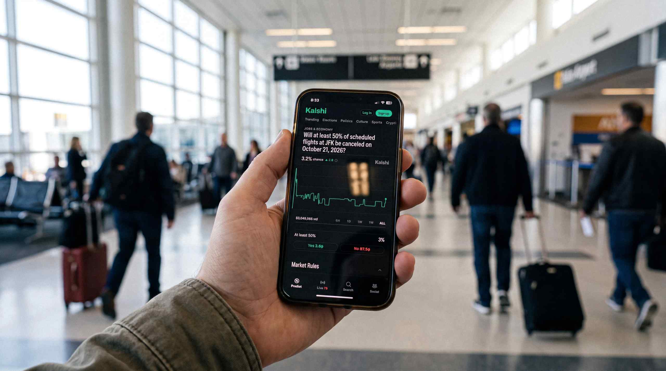 A Kalshi market for flight cancellations displayed on a smartphone.